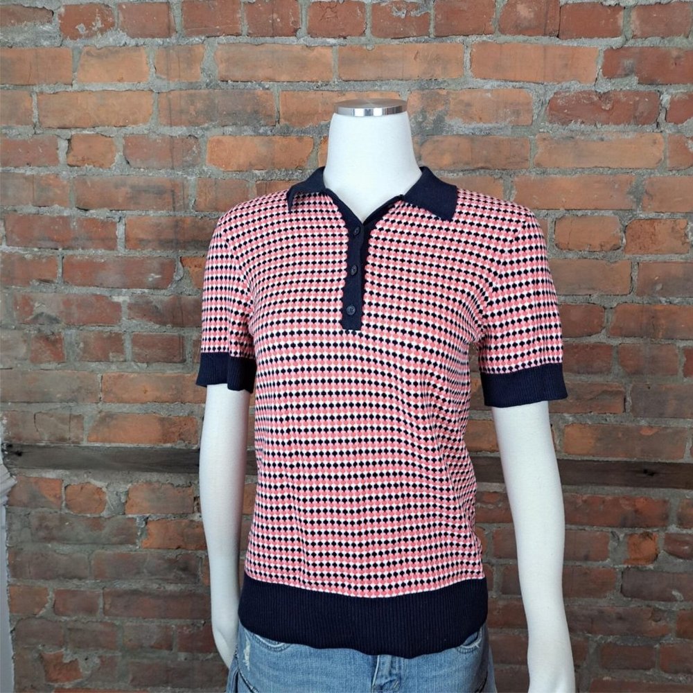 J. Crew Womens Sweater Pink Navy White Lightweight Polo Style Size M